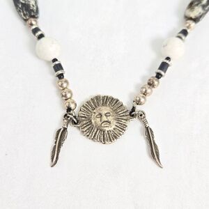 Sterling Sun Leopard Jasper & Black Onyx Beaded Necklace 70s‎ Tribal Southwest